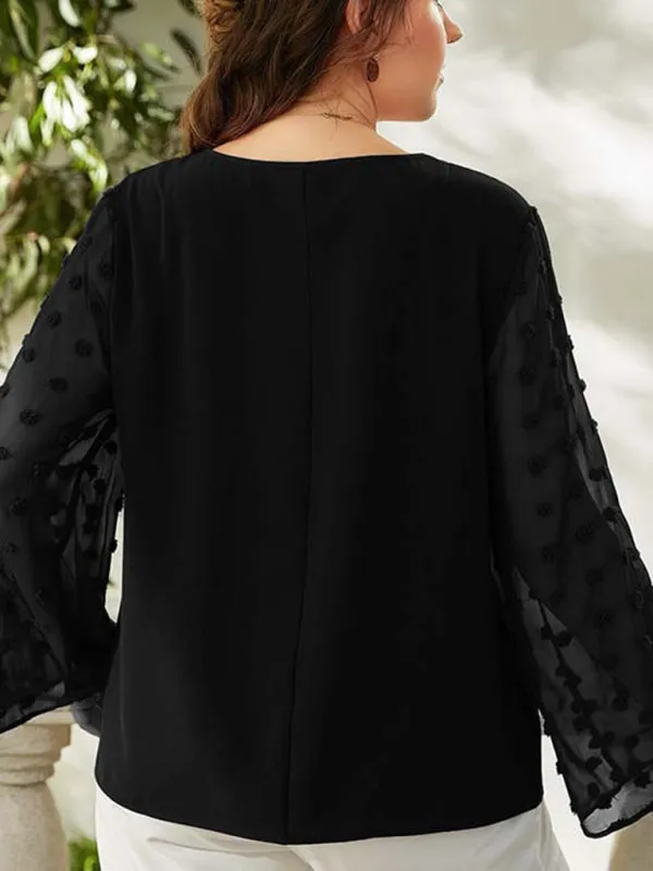 Women's Plus Size Solid Colour Blouse With Sheer Polka Pot Sleeves