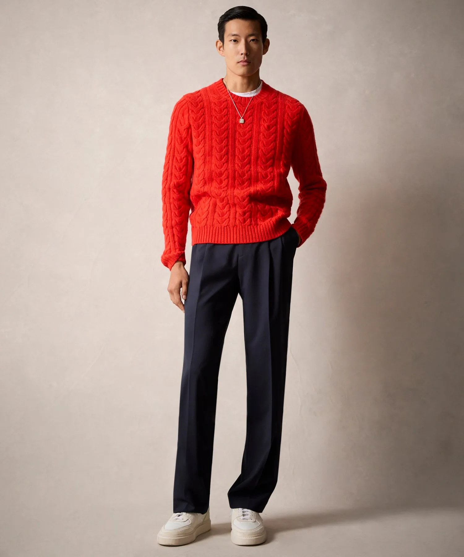 Wool Cable Crewneck Sweater in Bright Red