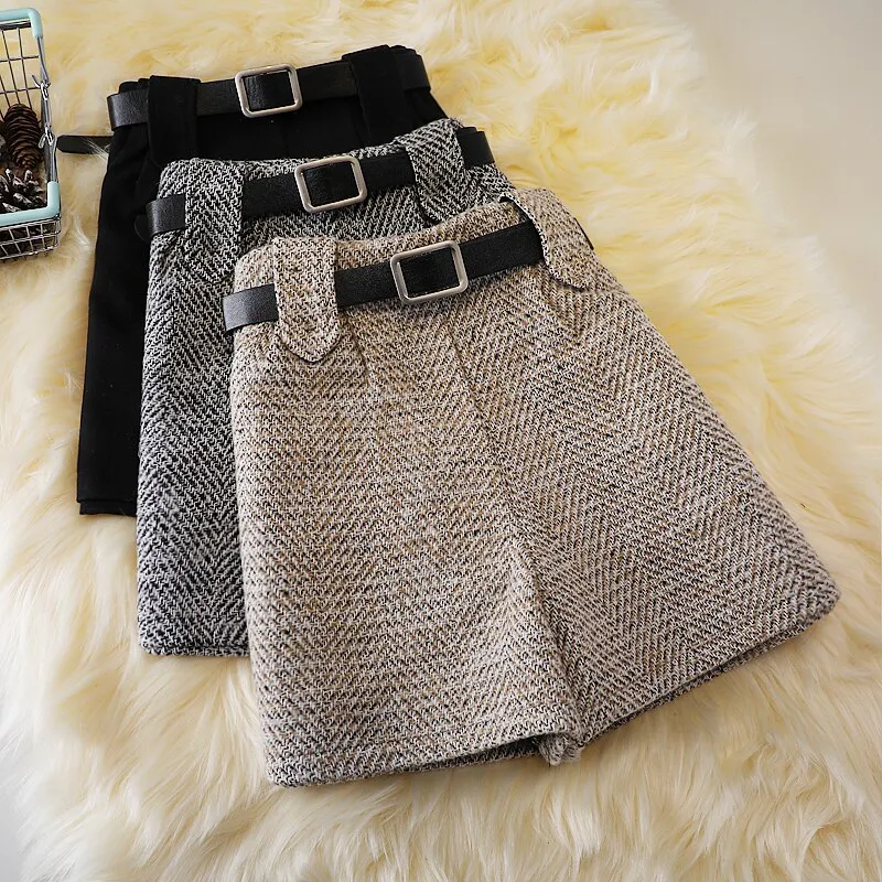 Woolen Shorts High Waist New Fashion Wide Leg Pants Trousers